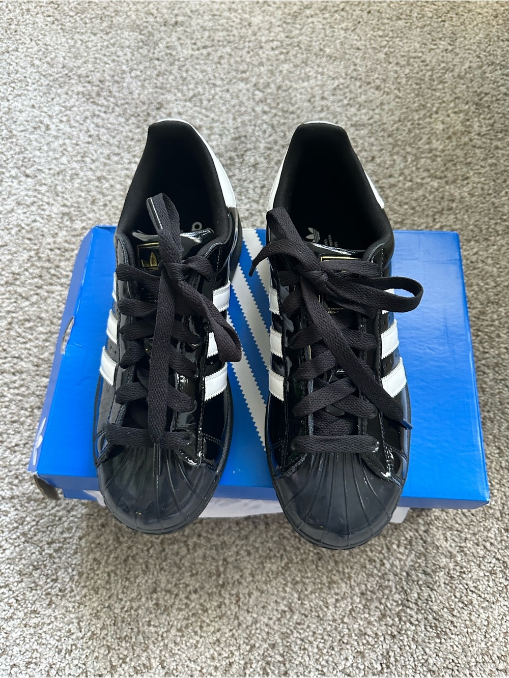 adidas Black & White Patent Leather Shell Toe Sneakers